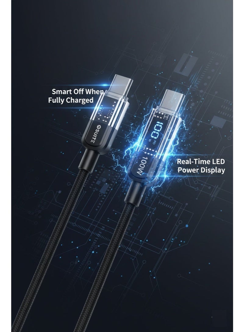 اى او سويت كابل iOsuite USB-C إلى USB-C شحن سريع 100 واط مع شاشة LED وميزة الإيقاف الذكي، نايلون مضفر ورأس من سبيكة الزنك بطول 1.2 متر – متوافق مع آيفون 17/16/15 وآيباد وماك بوك برو/آير وسامسونج جالاكسي وOnePlus وOppo وXiaomi وجميع أجهزة USB-C – أسود (DC57A) - Image 2